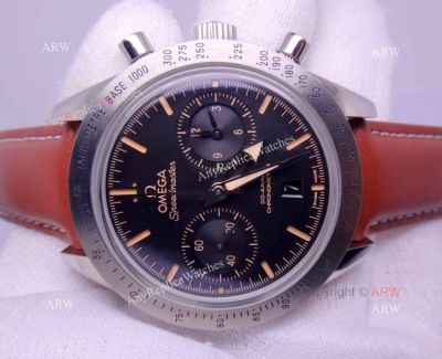 Copy Omega Speedmaster Swiss 9300 Watch / SS Black Dial Leather Strap